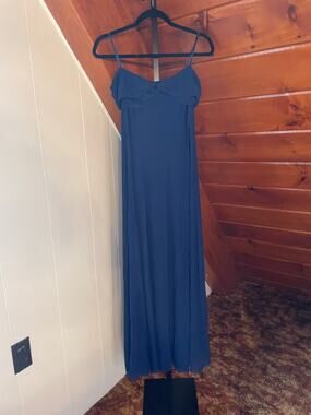 Aqua Navy Blue Off the Shoulder Wrap Lined Mesh Front Maxi Dress sz L